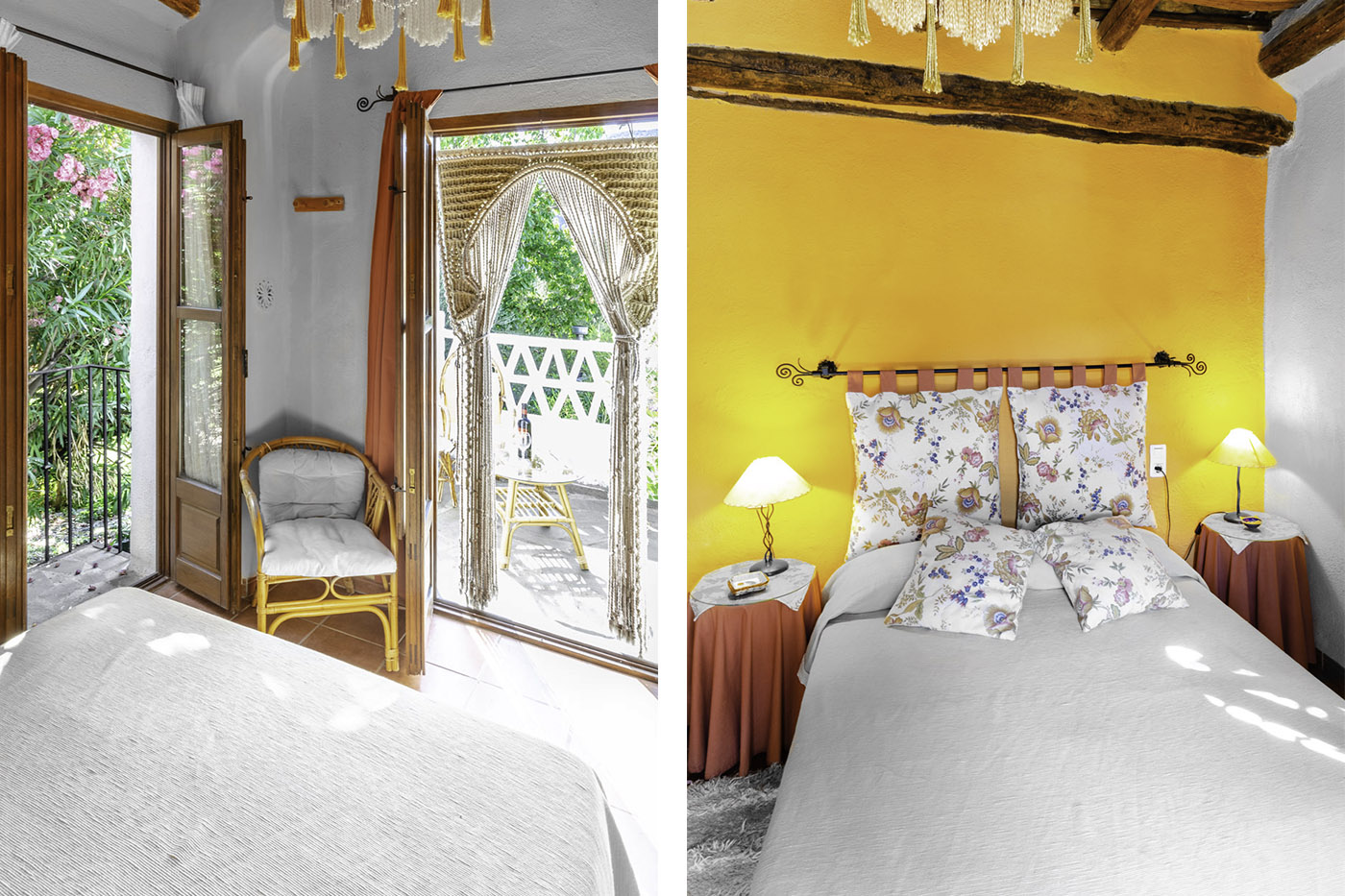 Habitación con cama doble, terraza y balcón