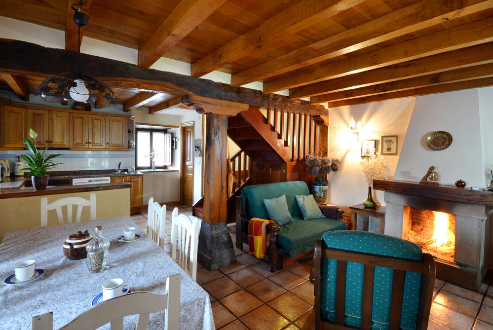 Plan abierto cocina / comedor / salón con estufa de leña