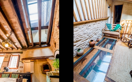 Mezzanine overlooks kitchen 