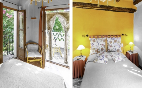 Habitación con cama doble, terraza y balcón