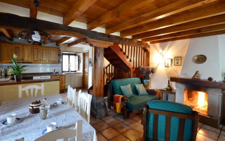 Plan abierto cocina / comedor / salón con estufa de leña