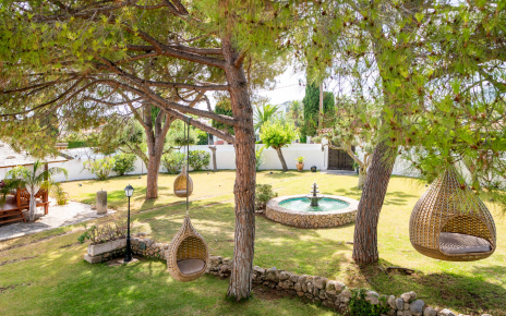 Hanging chairs and pond