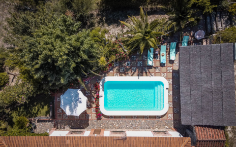 Pool area and bar seen from a drone