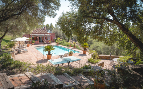 Steps down from main house to pool area