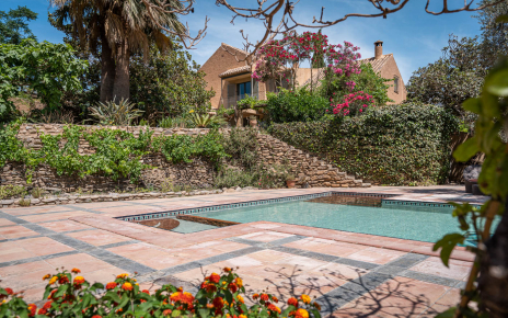 The pool is on a lower level