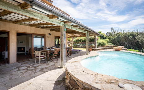 The pool is next to the house