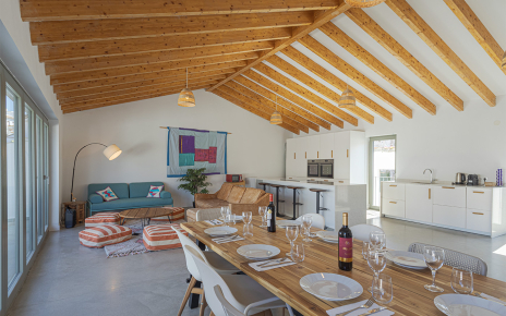 A very bright happy kitchen/dining area