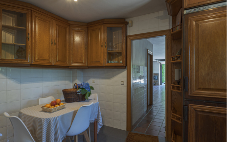 The kitchen opens to garage and games room