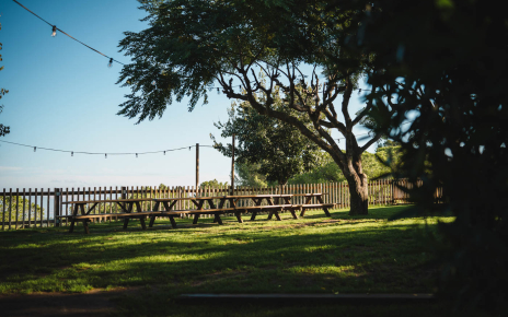 Picnic benches next to pool area