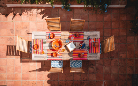 The patio seen from the stairs that take you to pool area