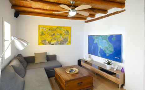 Large Smart TV and comfy sofa